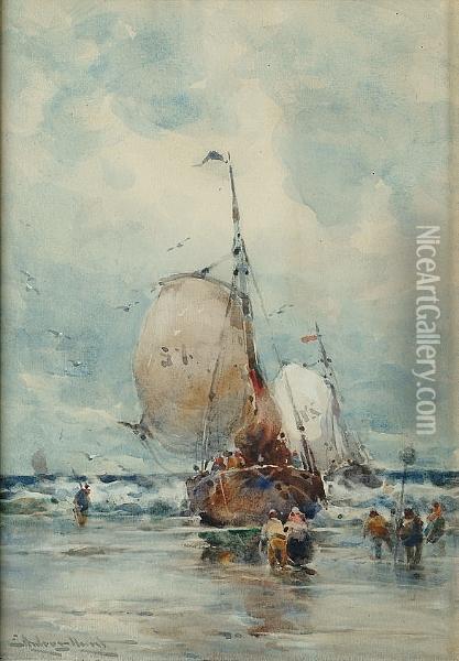 Fishing Boats On A Beach Oil Painting - Edward Aubrey Hunt