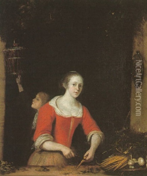 A Maid Peeling Carrots At A Window Oil Painting - Pieter Cornelisz van Slingeland