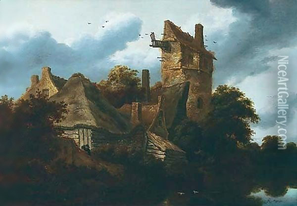 A River Landscape With Hunters And Fishermen Near Rustic Buildings Oil Painting - Roelof Jansz. Van Vries