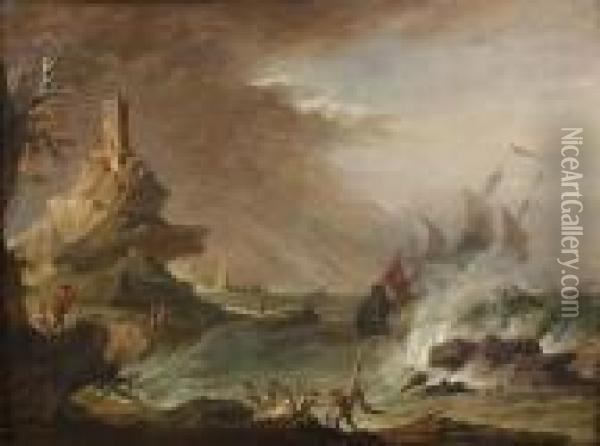 Marine Par Gros Temps. Oil Painting - Jean Prudhomme Preudhomme