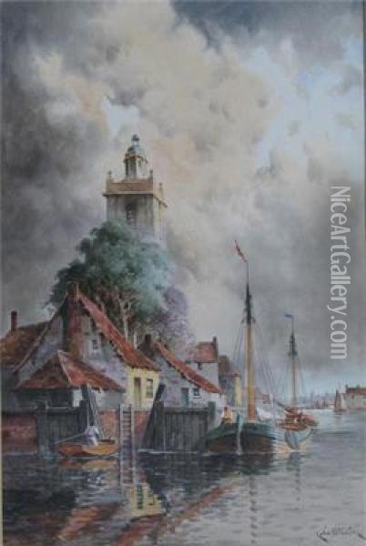 View Of Leyden; View Of Papendrecht Oil Painting - Hermanus Jr. Koekkoek