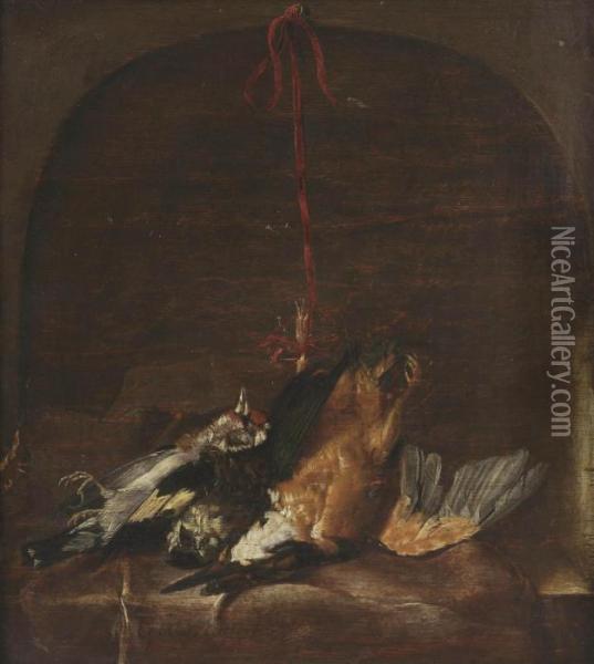 A Goldfinch, A Sparrow And A Kingfisher, On A Draped Ledge In A Stone Niche Oil Painting - Willem Van Aelst