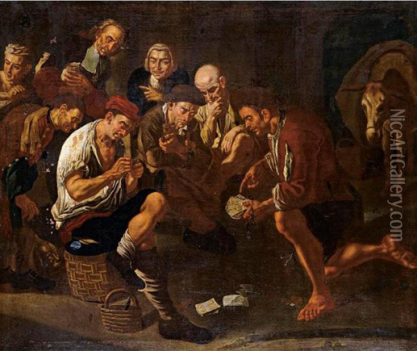 Men Gambling In An Interior Oil Painting - Gaspare Traversi