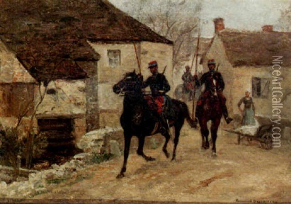 French Soldiers On Horseback In A Village Oil Painting - Raymond Desvarreux