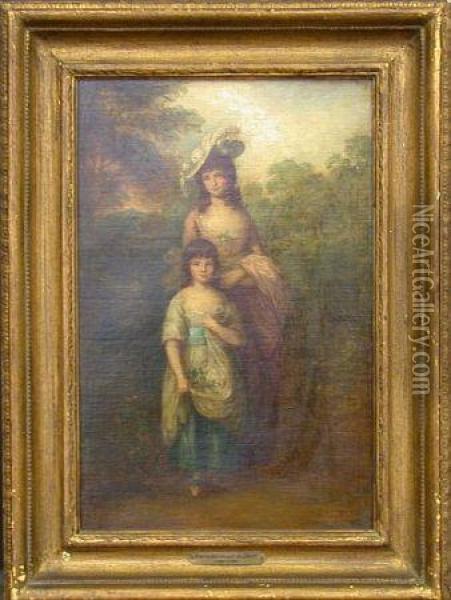 Young Woman And Girl Strolling In A Park Oil Painting - Dupont Gainsborough