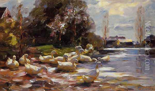 Ducks on a Riverbank on a Sunny Afternoon Oil Painting - Alexander Max Koester