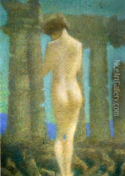 Femme Nue Parmis Des Colonnes Antiques Oil Painting - Lucien Levy-Dhurmer