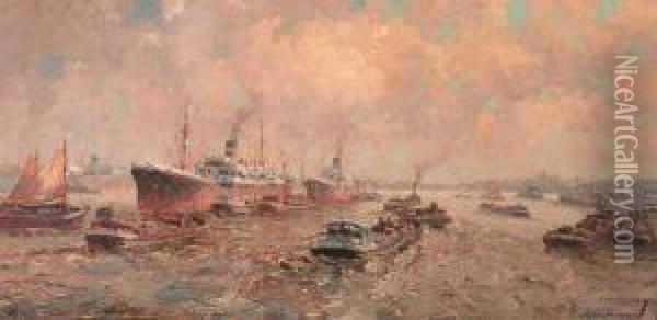 Cargo Ships Unloading Into Barges On The Nieuwe Maas,rotterdam Oil Painting - Gerardus Johannes Delfgaauw