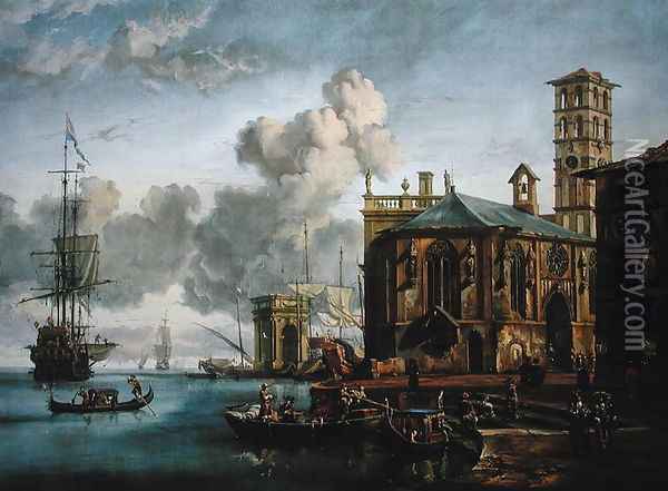 Capriccio of a Mediterranean Port Oil Painting - Abraham Storck