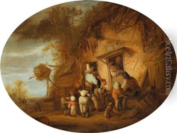 Peasants In Front Of A Farmhouse Oil Painting - Isaac Van Ostade