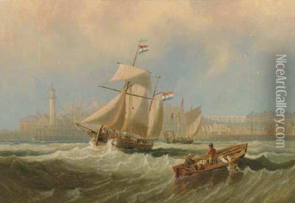 Dutch Barges Running Out Of Channel Port Thought To Be Margate Oil Painting - John Wilson Carmichael