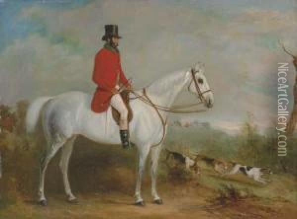 A Gentleman On A Grey Hunter With Hounds In A Landscape, A Huntgone Away Beyond Oil Painting - John Jnr. Ferneley