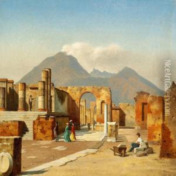 Visitors Exploring The Ruins Of Pompei Oil Painting - Heinrich Hansen