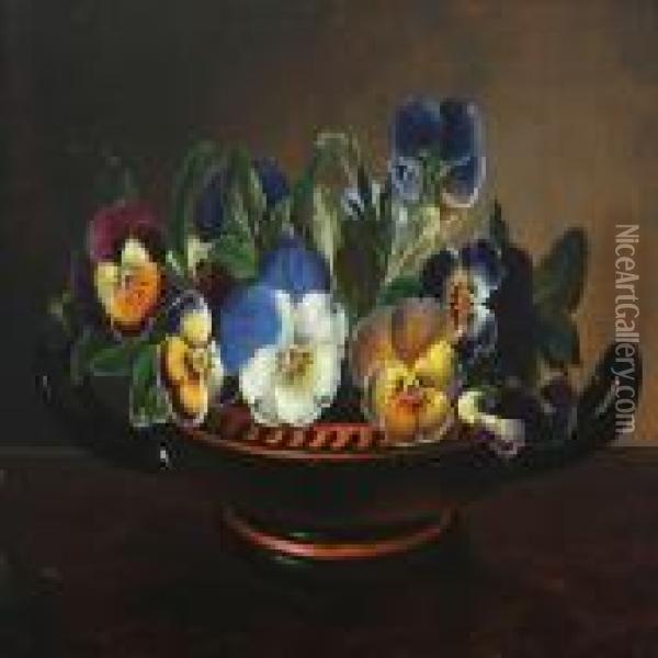 Still Life With Flowers In An Earthenware Bowl On A Table Oil Painting - I.L. Jensen