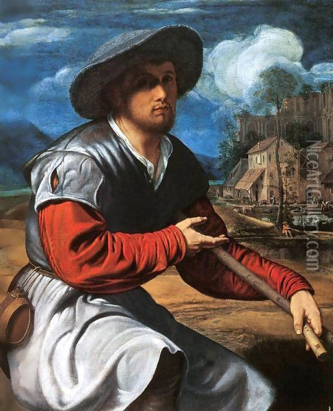 Shepherd with a Flute Oil Painting - Giovanni Girolamo Savoldo