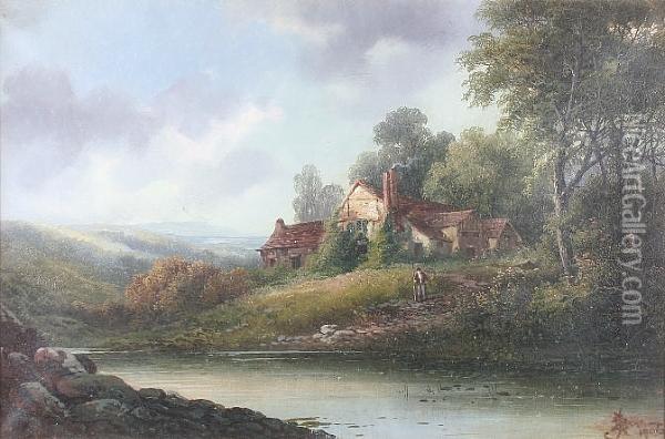 A River Landscape With Fisherman On A Path Before A Cottage Oil Painting - Henry Bates Joel