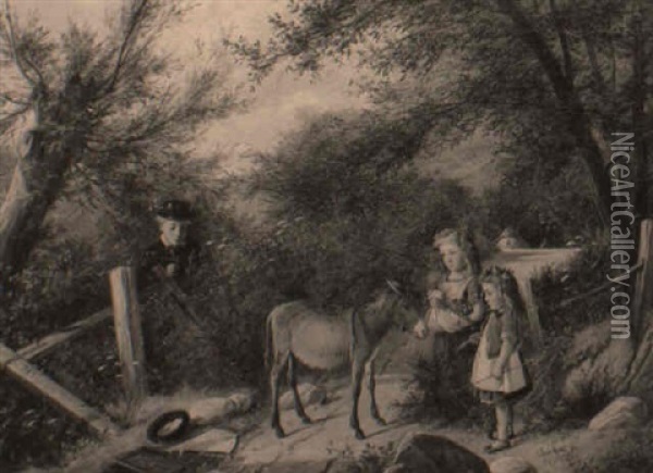 Children Gathering Flowers And Playing On A Country Path With Donkey Oil Painting - Charles Hunt the Younger