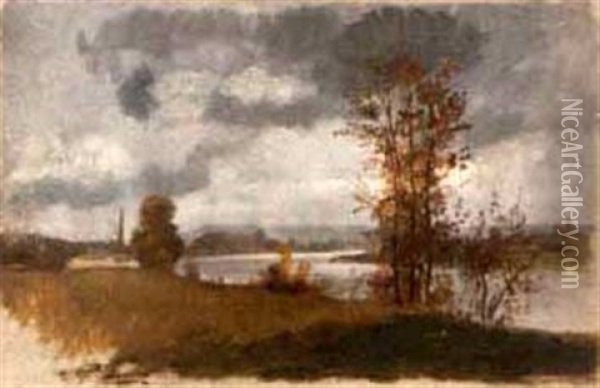 Riverscape Before A Storm Oil Painting - Joseph Mezzara