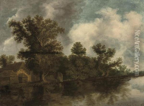 A Wooded River Landscape With A Cottage On The Bank Oil Painting - Salomon van Ruysdael