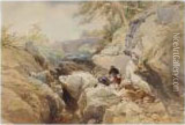 Two Anglers By A Stream Oil Painting - Thomas Miles Richardson