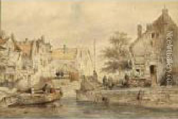 A Town View With Figures By A Canal Oil Painting - Salomon Leonardus Verveer
