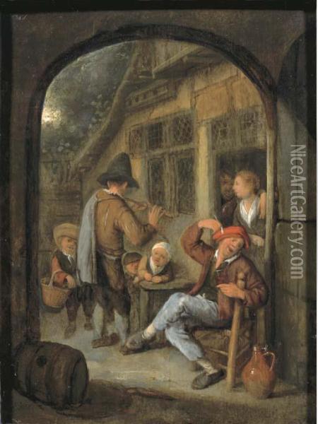 Peasants By A Doorway With A Pipe Player, Through An Open Arch Oil Painting - Cornelis Dusart