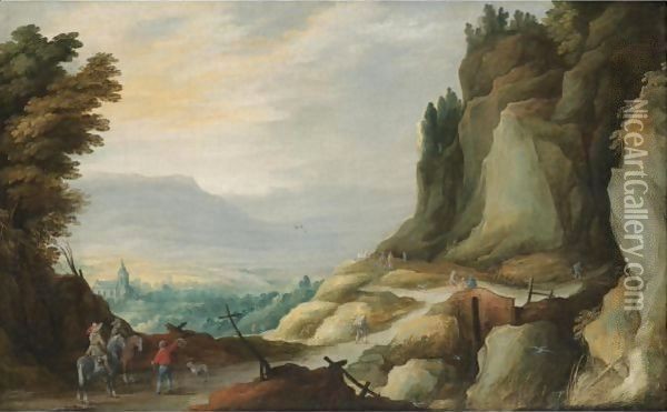 An Extensive Rocky Landscape With Travellers On A Path In The Foreground Oil Painting - Joos De Momper