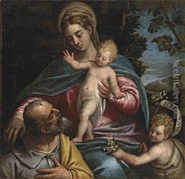 The Holy Family With The Infant Saint John The Baptist, In A Mountainous Landscape Oil Painting - Benedetto Caliari