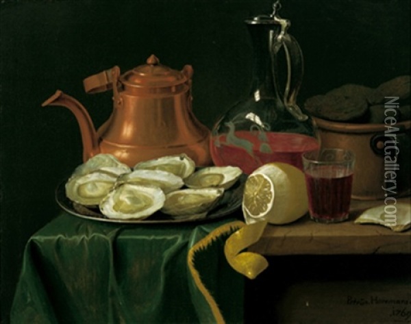 Stillleben Mit Austern, Zitrone, Einer Karaffe Mit Wein Und Einem Kupfernen Krug Oil Painting - Pieter Jacob Horemans
