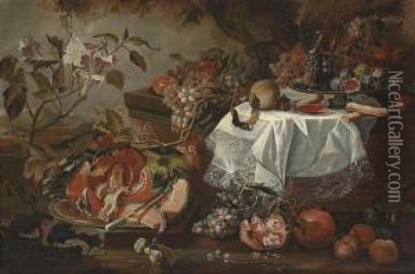 A Cut Pumpkin On A Silver Platter, Figs, Wine Glasses And Pastries On A Draped Plinth Oil Painting - Maximillian Pfeiler