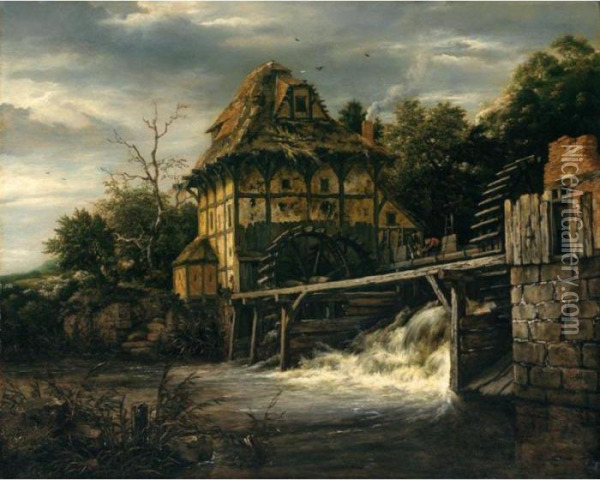 Two Undershot Water-mills With Men Opening A Sluice Oil Painting - Jacob Van Ruisdael