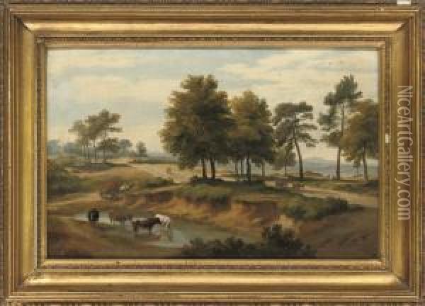 An Extensive Wooded River Landscape With Cattle Watering, Figures On A Path Beyond Oil Painting - Ramsay Richard Reinagle