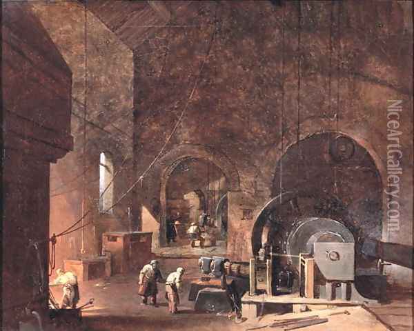 Interior of an Ironworks, c.1850-60 Oil Painting - Godfrey Sykes