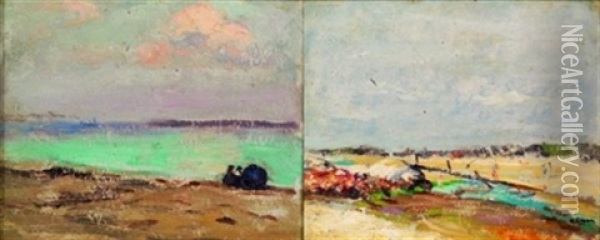 Gray Sky Landscape (+ Tranquil Shore; 2 Works) Oil Painting - Robert Henry Logan