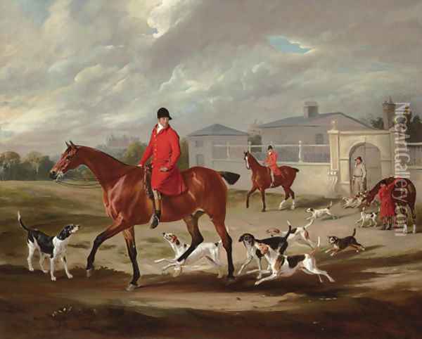 Thomas Goosey and the Belvoir hounds leaving the kennels, Belvoir Castle beyond Oil Painting - John Snr Ferneley