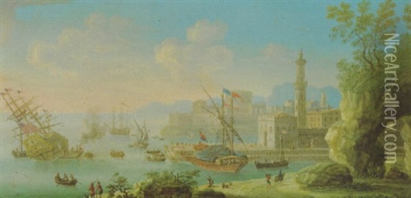 Sudlicher Hafen Mit Einer Galeere Und Zwei Dreimastern Oil Painting - Orazio Grevenbroeck