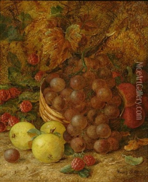 A Still Life Of Grapes, Apples, Plums And Raspberries On A Bank Oil Painting - Vincent Clare
