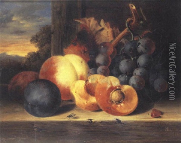 Still Life Of Fruit On A Ledge, A Landscape Beyond Oil Painting - Edward Ladell