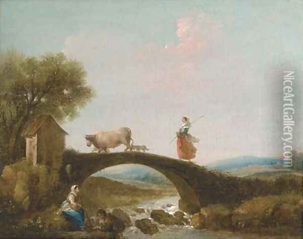 A river landscape with a girl walking over a bridge, anglers beneath Oil Painting - Francesco Zuccarelli