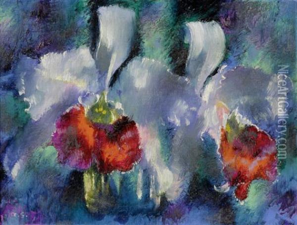 Orchideen Auf Blauem Grund Oil Painting - Augusto Giacometti