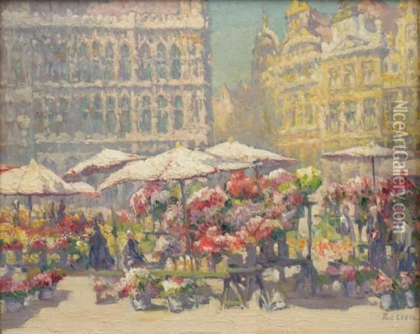Marche Aux Fleurs Sur La Grande Place De Bruxelles Oil Painting - Paul Leduc