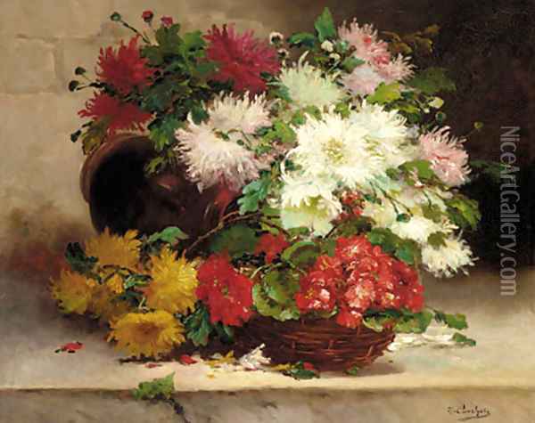 Chrysanthemums and Geraniums in a basket on a ledge Oil Painting - Eugene Henri Cauchois