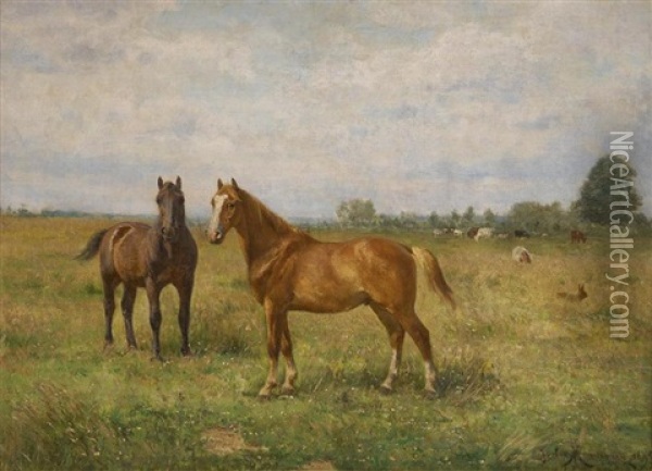 Deux Chevaux Dans Un Paysage Oil Painting - Jules Montigny