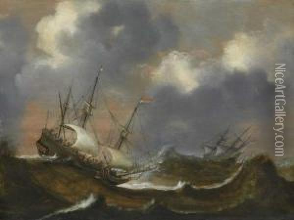 Segelschiffe Aufsturmischer See Oil Painting - Claes Claesz. Wou