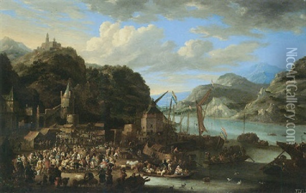Mountainous River Landscape With Boats Unloading At A Crowded Quayside Market Oil Painting - Jan Peeters the Elder