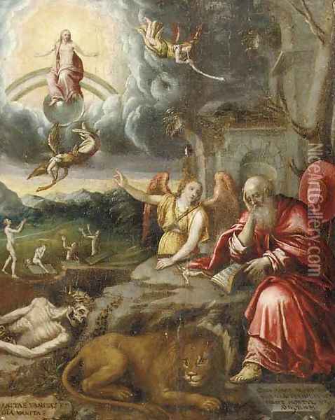 A Landscape With Saint Jerome And The Lion, The Arch Angel Michael And The Last Judgement In The Background Oil Painting - German School