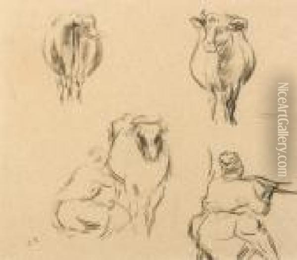 Quatre Etudes ; Deux Croquis 
D'une Femme Trayant Une Vache Et Deux Etudes De Vaches De Face Et De 
Fesse Oil Painting - Camille Pissarro