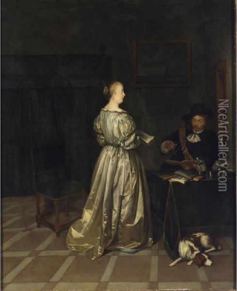An Interior With A Lady Taking 
Singing Lessons From A Gentleman, A Sleeping Dog In The Foreground Oil Painting - Gerard Terborch