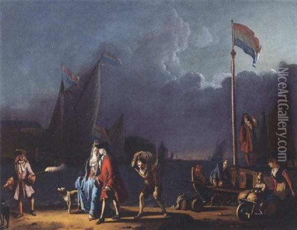 An Elegant Couple On A Quay At Night Oil Painting - Ludolf Backhuysen the Elder