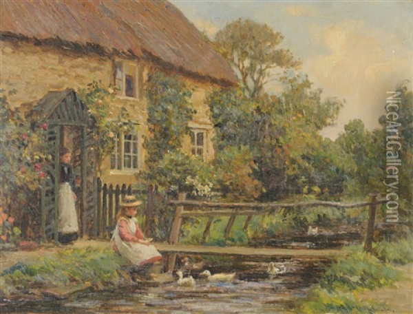 Girl Seated Beside A Stream Feeding Ducks Oil Painting - Ernest Higgins Rigg
